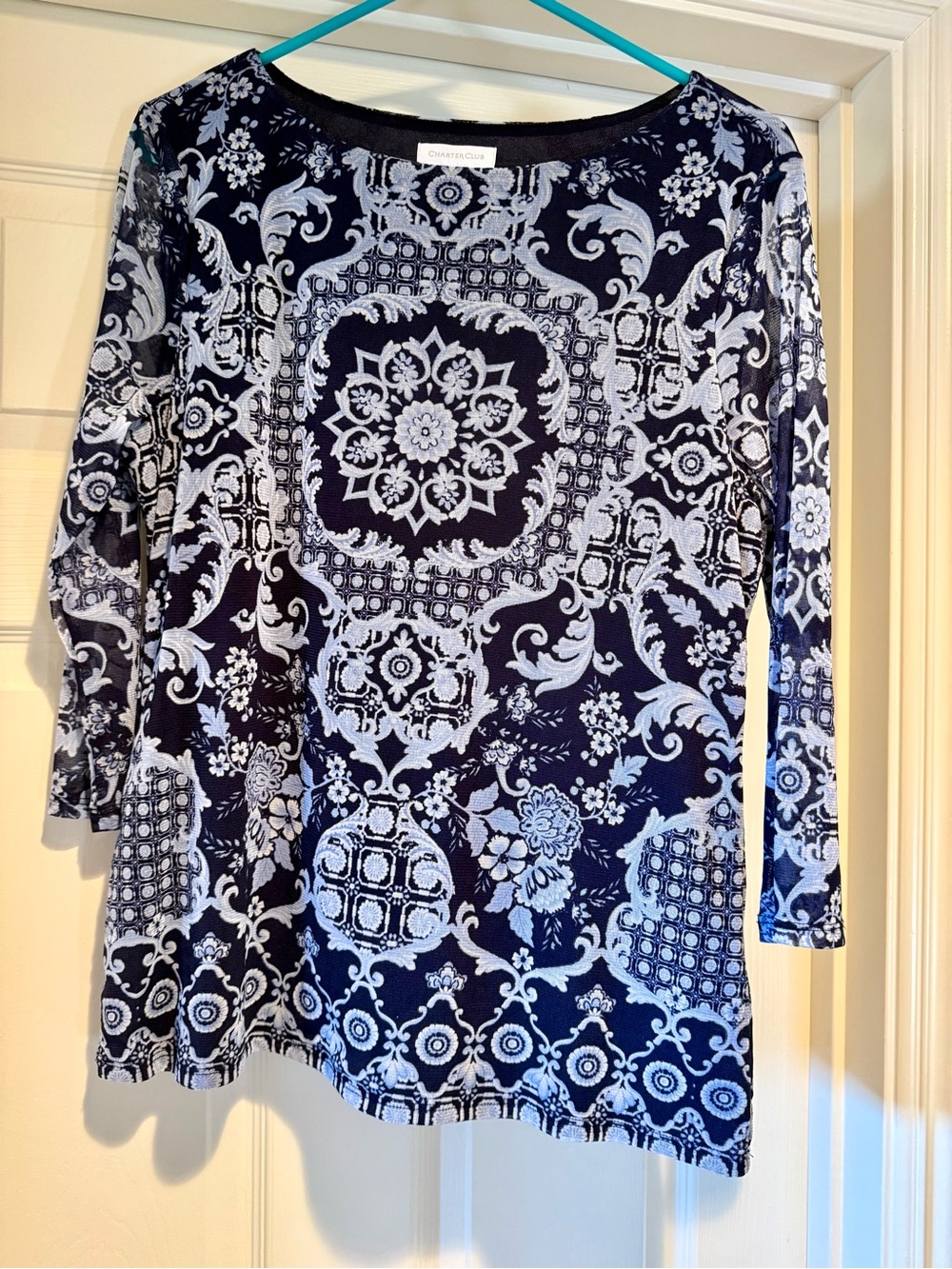 Charter Club Navy and White Long-Sleeve Patterned Top